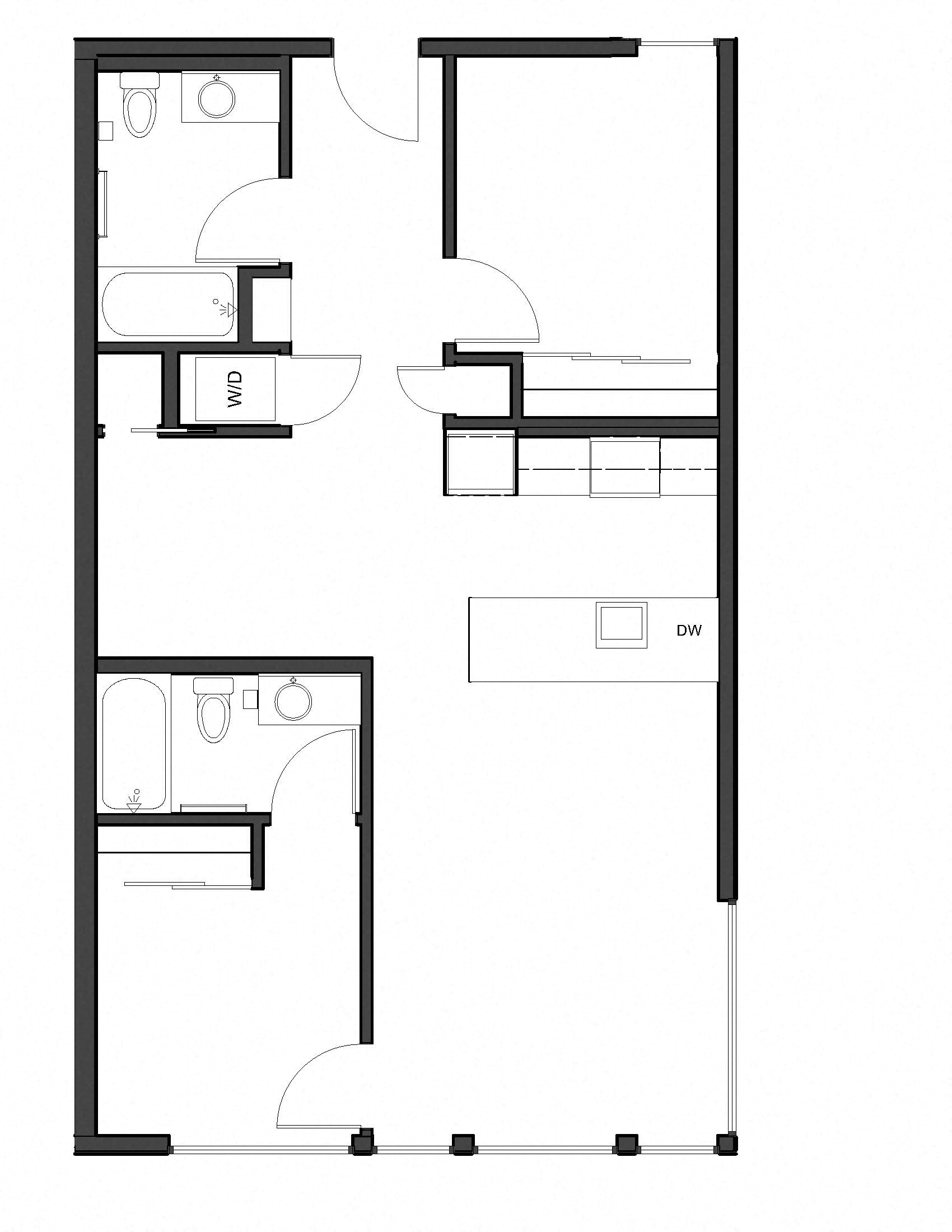 Floor plan for 2 beds, 2 baths, 927 sqft